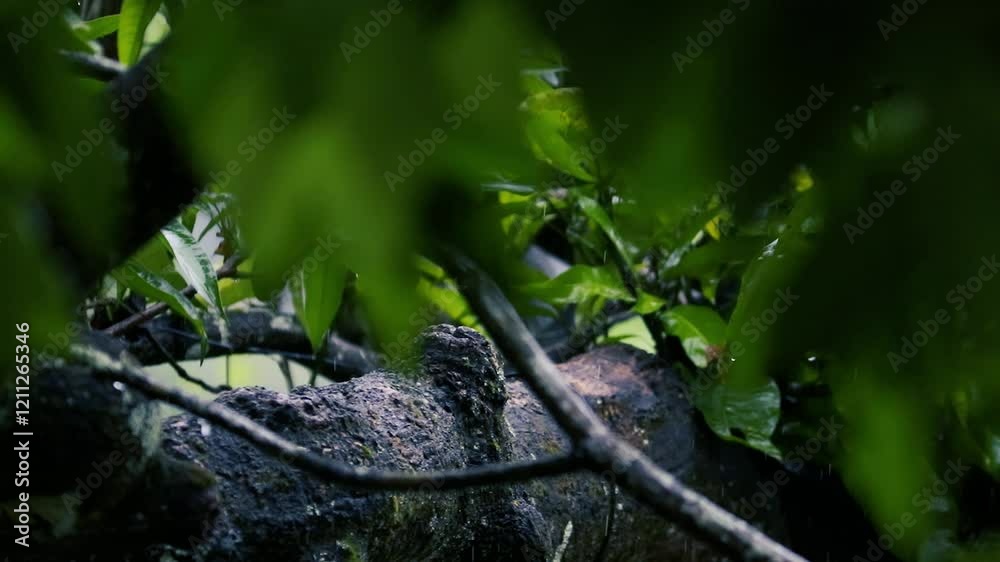 Forest Floor Through Leaves. Sunlight Through Foliage. Jungle Undergrowth. rain time on the leaves Forest Floor Through Leaves. Sunlight Through Foliage. Jungle Undergrowth. rain time on the leaves