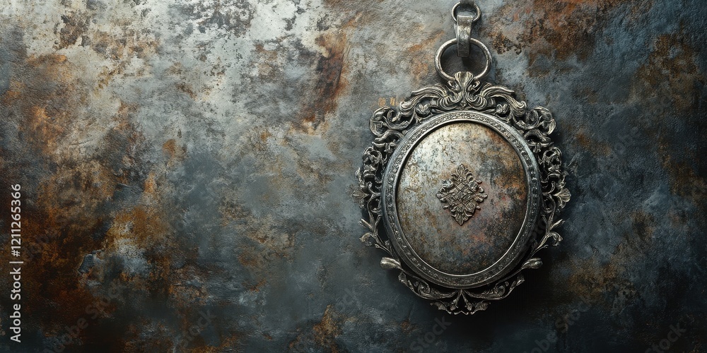 Naklejka premium Ornate Antique Silver Frame Hanging Against Dark Background