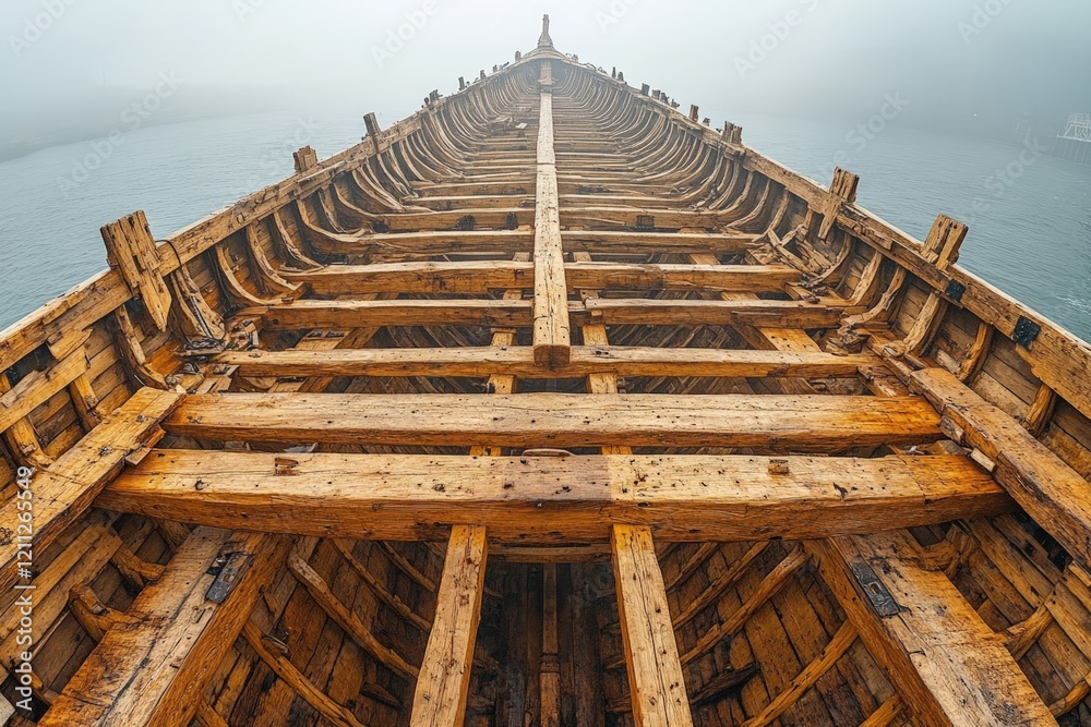 Obraz premium Wooden boat hull, weathered, misty sea.
