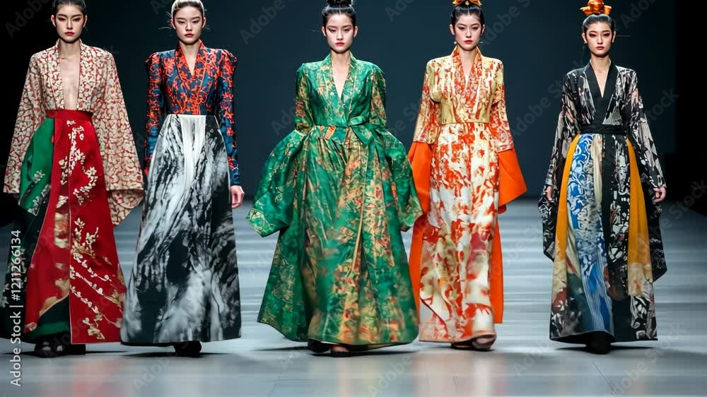 Five models showcase stunning traditional-inspired fashion in a vibrant runway display during a fashion event