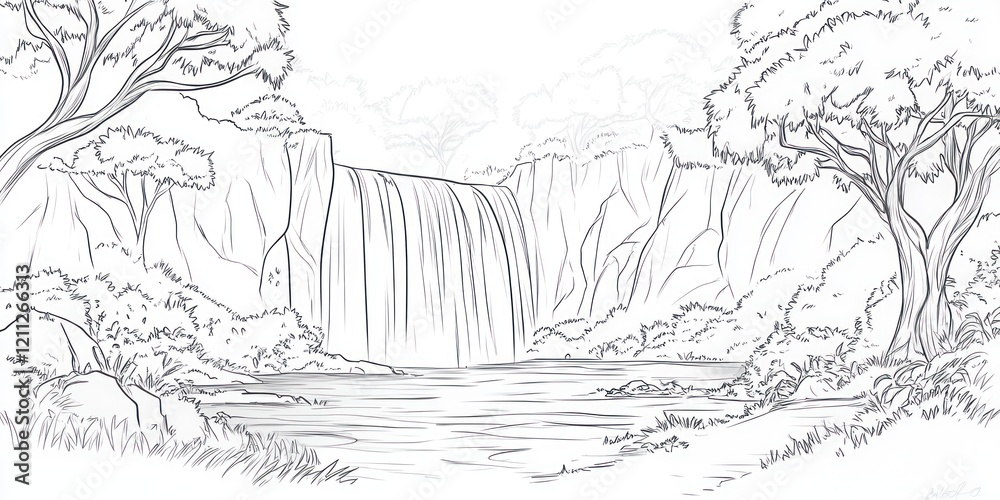 Naklejka premium Serene Waterfall Scene Amid Lush Tropical Foliage
