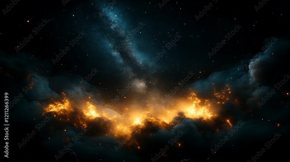 Fototapeta premium Celestial Firestorm A Fiery Nebula Under Starlit Skies