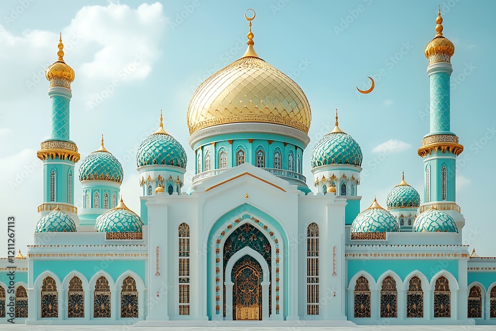 Obraz premium Islamic decoration background for Ramadan with lantern and mosque 3D rendering. 3D Illustration