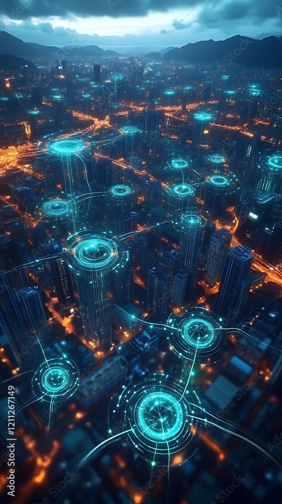 Fototapeta premium Futuristic Cityscape Illuminated With Network Connections