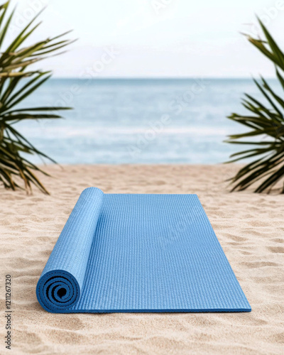 A peaceful yoga mat on the beach, ideal for meditation and relaxation.