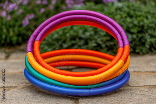 Colorful hula hoops arranged outdoors for fun and fitness.