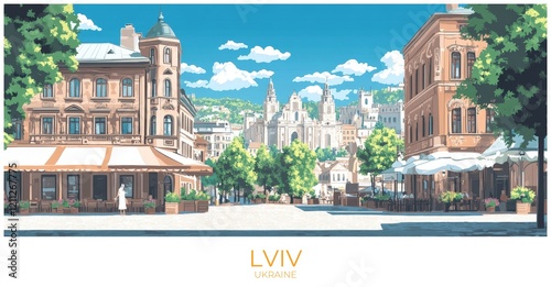 Lviv Ukraine Travel Poster Flat Illustration Print Decor Gift Canvas Wall Art