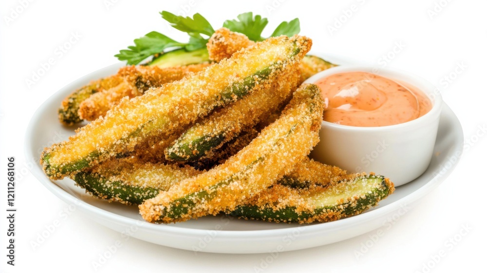 A plate of crispy avocado fries coated in panko breadcrumbs and served with a side of cilantro lime dipping sauce, Each fry golden and crunchy on the outside, creamy and flavorful on the inside