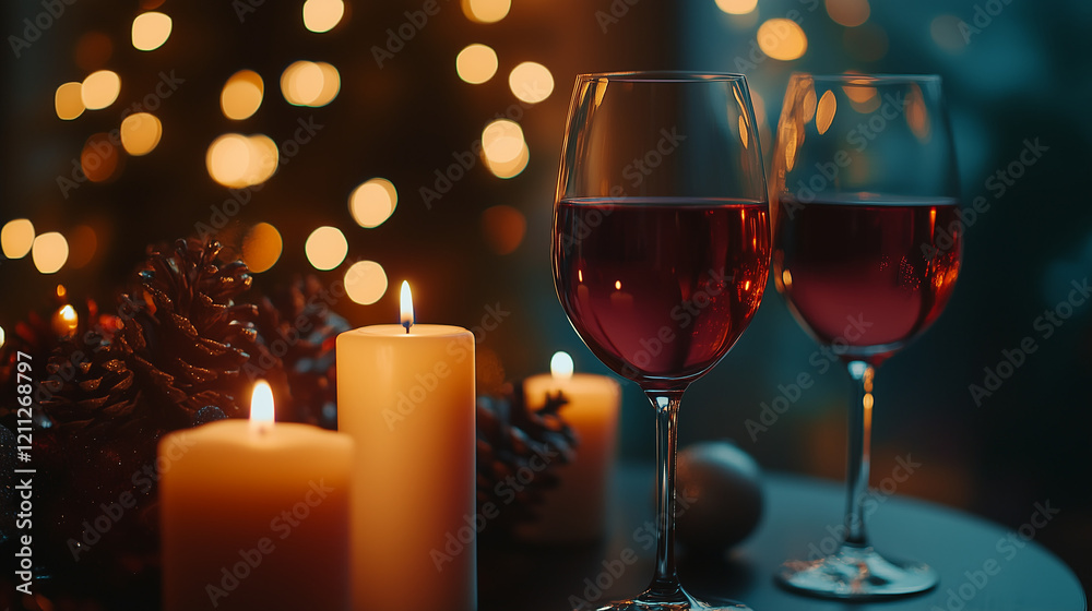 Festive Christmas and New Year's Celebration Concept with Red Wine in Glasses and Candles on Table, Blurred Lights Background Festive Christmas and New Year's Celebration Concept with Red Wine in Glasses and Candles on Table, Blurred Lights Background