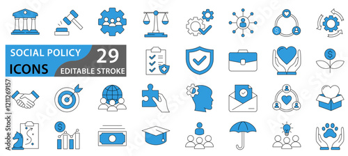 Social Policy web icons. Education, government, welfare, reforms, medicine, collection. Vector illustration.