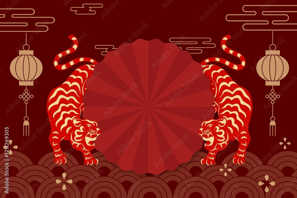 Obraz premium Red Chinese tiger background, 2022 zodiac animal illustration