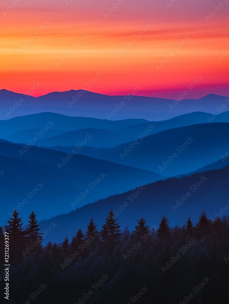 Obraz premium Dusk sky over blue mountains with tree silhouettes, red and orange sunset, minimal nature