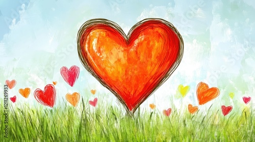 Vibrant heart in a grassy field, surrounded by smaller hearts in various hues, creating a cheerful scene. photo