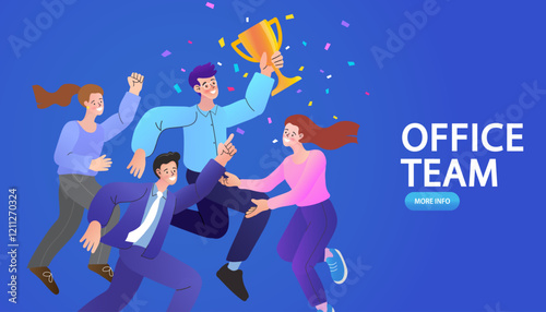 Group of people jumping holding trophy. golden cup and confetti. Business team achievements. Get reward and celebrate. success, leadership, awards. Vector illustration flat style.