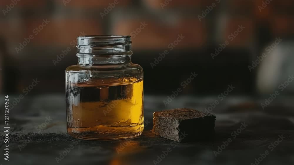 Rustic glass jar with honey and cork stopper against brick background
