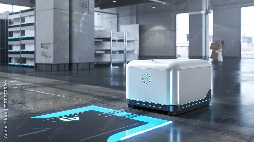 Naklejka premium In a high-tech warehouse environment, there is a futuristic parcel automation system at work. Robotic arms are precisely handling parcels, and conveyor belts are smoothly transporting packages.