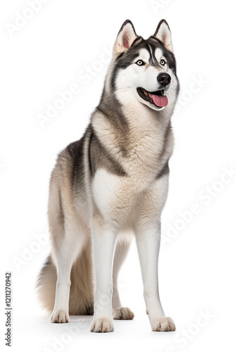 Portrait of a beautiful and cute young husky dog ​​on an isolated white background. Smiling face of a domestic breed dog with pointed ears.