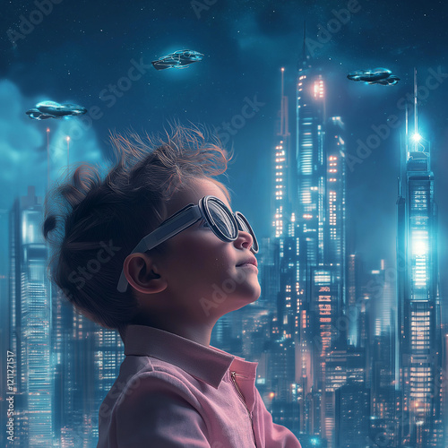 Child in sunglasses gazes at futuristic cityscape with ufos urban environment digital art night sky imagination and wonder photo