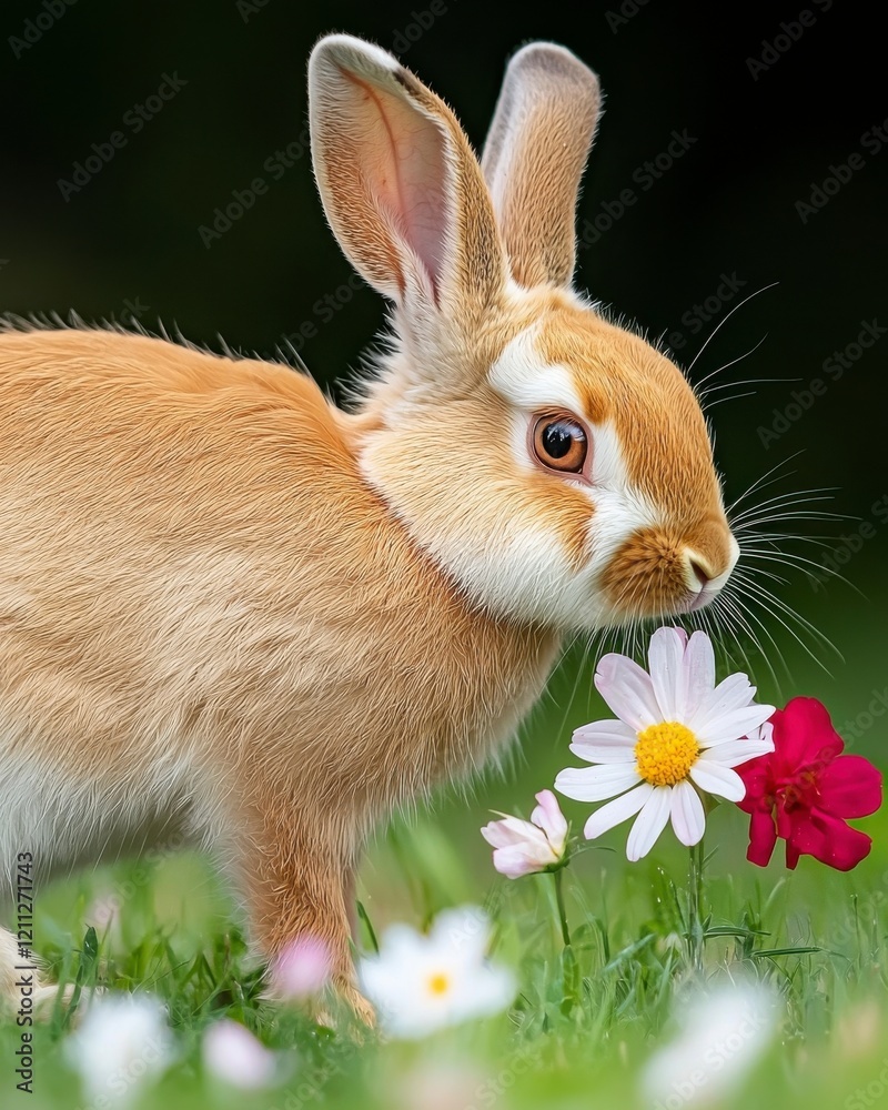 Fototapeta premium A cute rabbit sniffing colorful flowers in a vibrant green field, showcasing nature's beauty and the charm of wildlife.