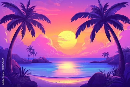 Serene Sunset over Tropical Beach with Palm Trees and Calm Waters in Vibrant Colors Reflecting on the Ocean Surface under a Twilight Sky