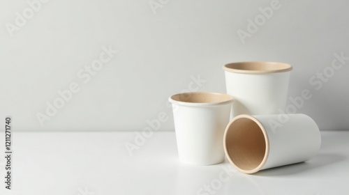 Simple white cups with beige rims on a white surface