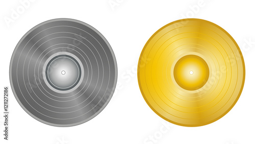 Collection of 2 vintage retro classic vinyl records in gold and platinum colors with realistic shadows and surface structure