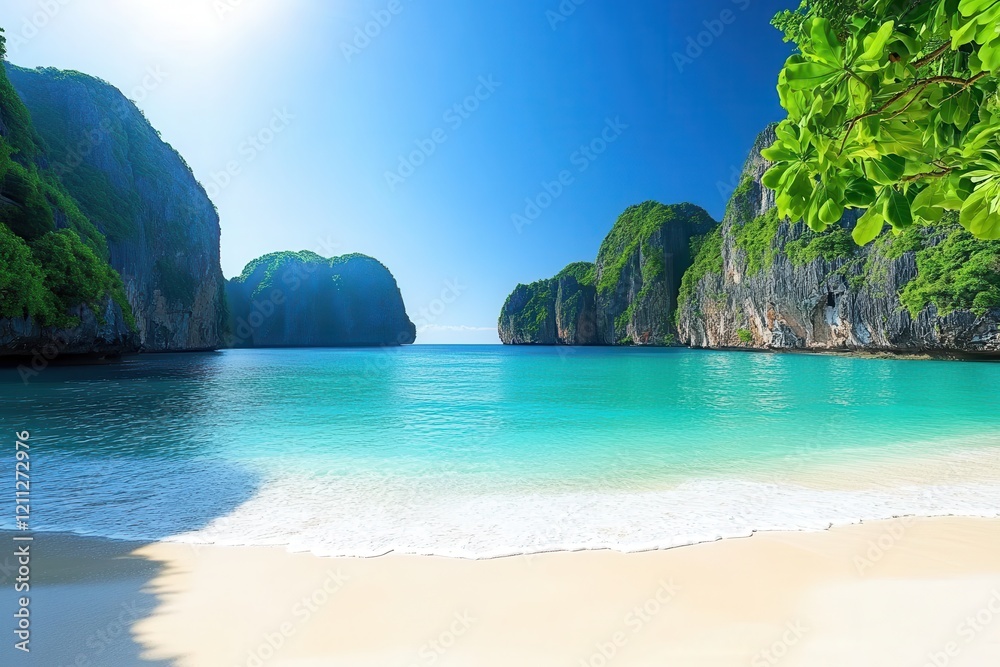Serene Tropical Beach Landscape with Crystal Clear Water, Lush Green Cliffs, and Bright Blue Sky, Perfect for Travel and Nature Themes Serene Tropical Beach Landscape with Crystal Clear Water, Lush Green Cliffs, and Bright Blue Sky, Perfect for Travel and Nature Themes