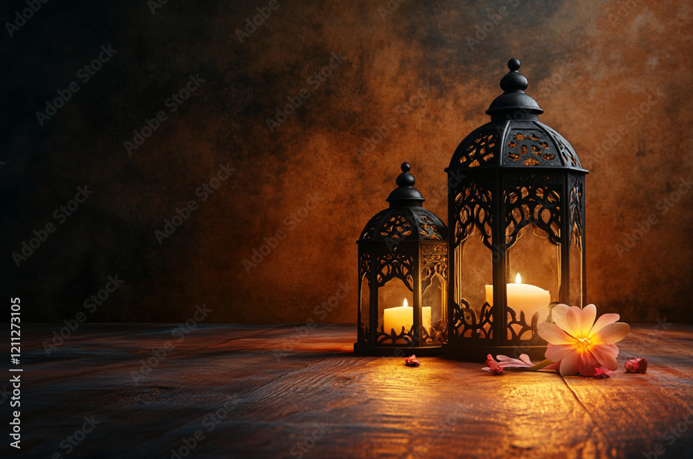 Fototapeta premium Ramadan background, in a color palette of black and warm tones, with ample copy space for text and graphics. The scene depicts a night-time setting with three beautiful lanterns on the floor