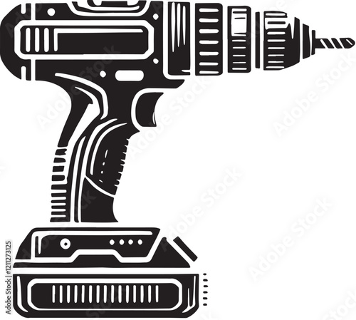 Black Color Cordless Drill Silhouette Vector Illustration, Solid White Background. minimal vector design