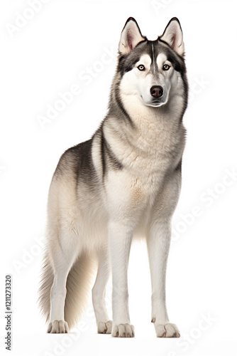 Portrait of a beautiful and cute young husky dog ​​on an isolated white background. Smiling face of a domestic breed dog with pointed ears.