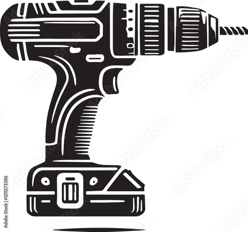 Black Color Cordless Drill Silhouette Vector Illustration, Solid White Background. minimal vector design