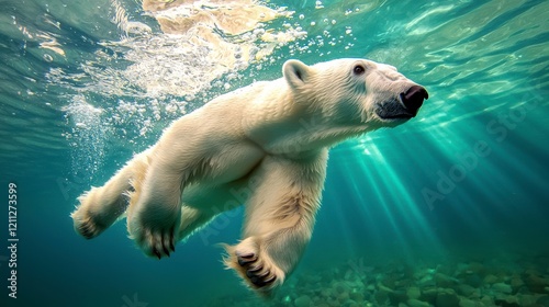 A polar bear swims gracefully underwater, surrounded by shimmering blue water and rays of sunlight filtering through the surface.