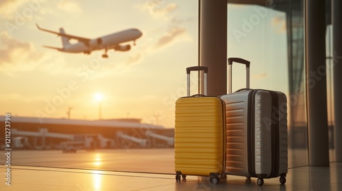 Two Suitcases at Airport Window with Plane Taking Off