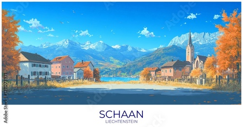 Schaan Liechtenstein Travel Poster Flat Illustration Print Decor Gift Canvas Wall Art photo