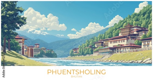 Phuentsholing Bhutan Travel Poster Flat Illustration Print Decor Gift Canvas Wall Art photo