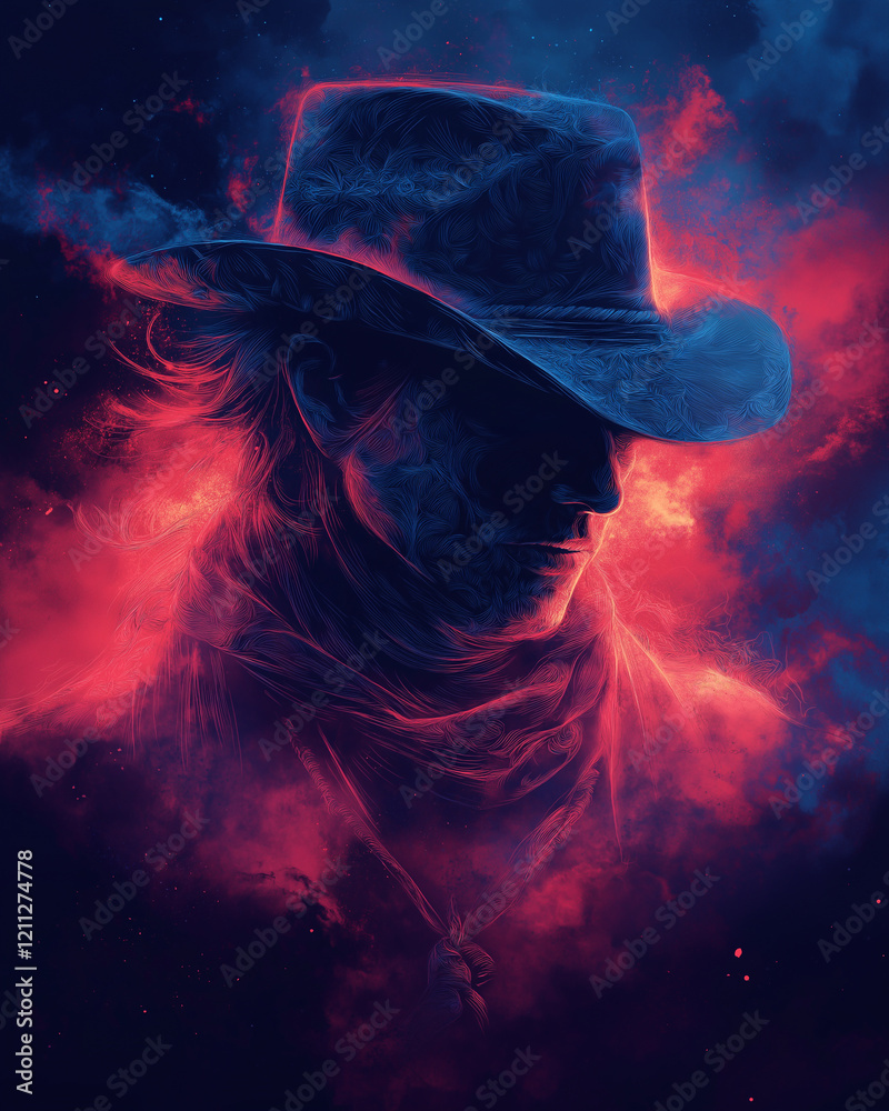Obraz premium Abstract art of a cowboy enchanted with red flames and black smoke against the backdrop of a starry sky in space.