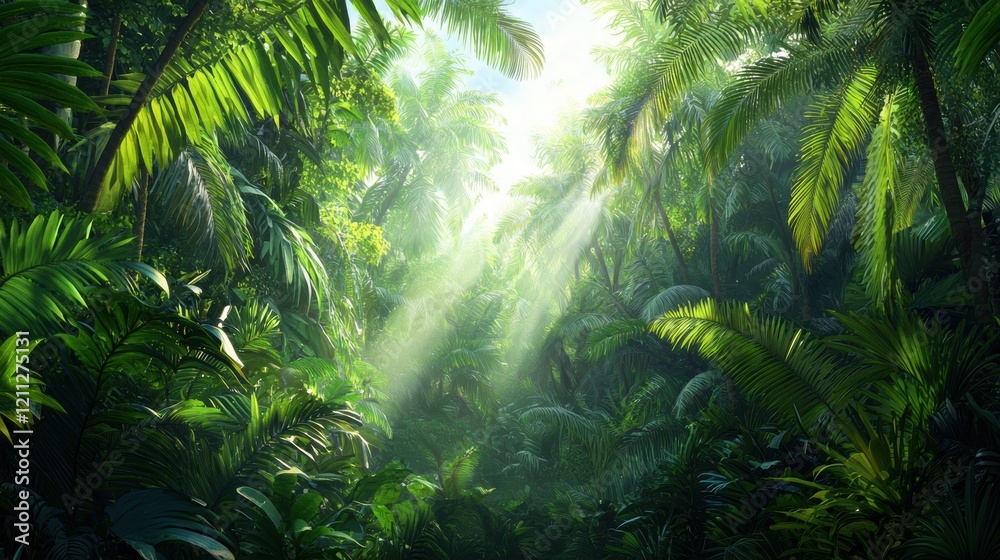 Lush Tropical Rainforest Sunlight Beams Through Canopy Lush Tropical Rainforest Sunlight Beams Through Canopy