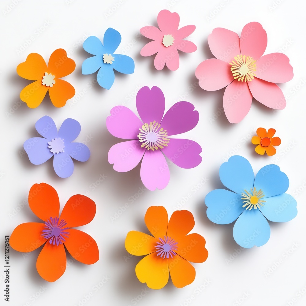 Fototapeta premium Colorful paper flowers arranged on white (2)