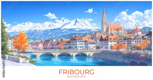 Fribourg Switzerland Travel Poster Flat Illustration Print Decor Gift Canvas Wall Art