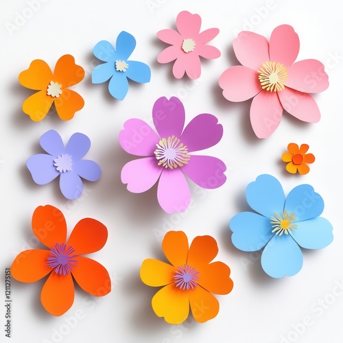 Colorful paper flowers arranged on white (2) photo