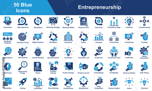 Entrepreneurship Icon Set Collection. Containing Acquisition, Creativity, Crowdsourcing, Innovation, Investment, Leadership, Profit Margin, Profitability. Simple Blue Vector Illustration.