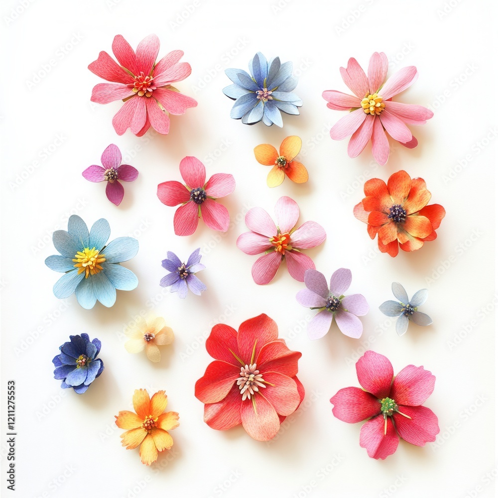 Colorful paper flowers flatlay, white background, craft Colorful paper flowers flatlay, white background, craft
