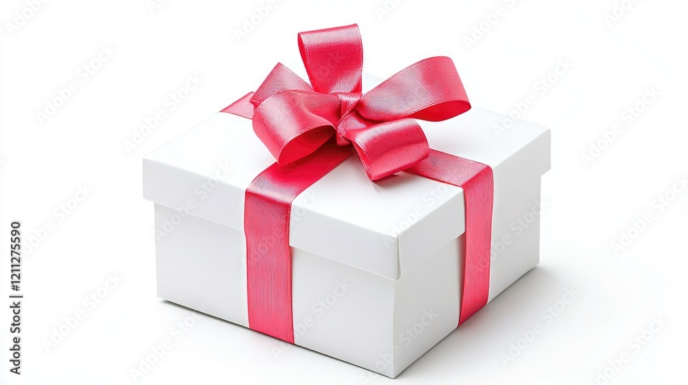 White gift box with pink ribbon; studio shot, celebration background White gift box with pink ribbon; studio shot, celebration background