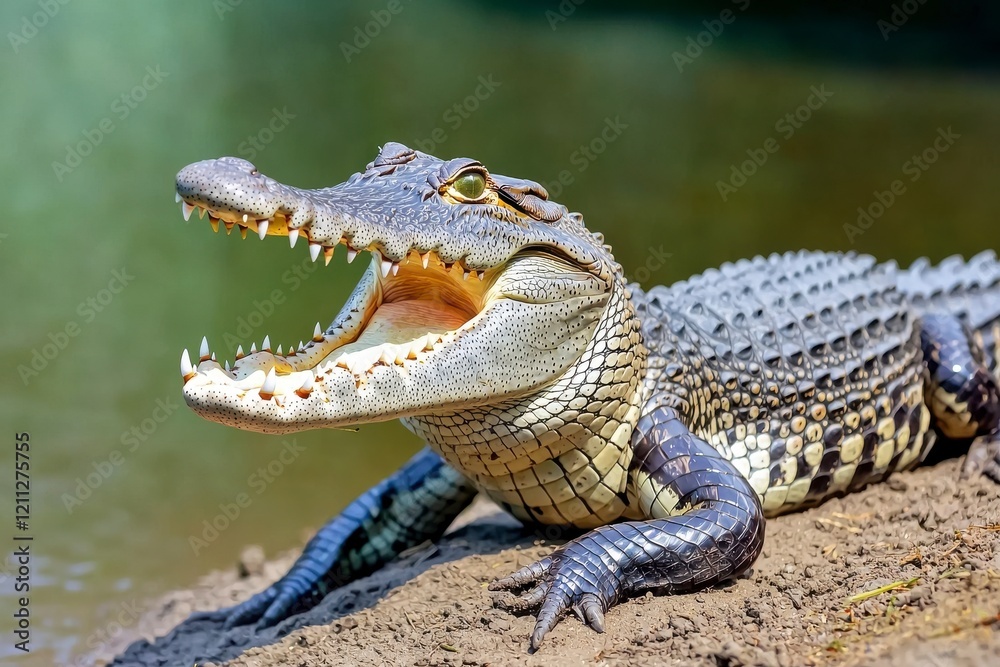 Fototapeta premium A crocodile with its mouth wide open, resting on a riverbank, showcasing its sharp teeth and textured skin in a natural environment.
