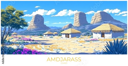 Amdjarass Chad Travel Poster Flat Illustration Print Decor Gift Canvas Wall Art photo