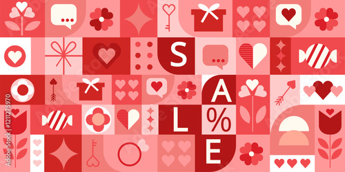 Horizontal sale banner design for Valentine's day. Geometric vector concept. Trendy minimalist design with Love and heart elements.