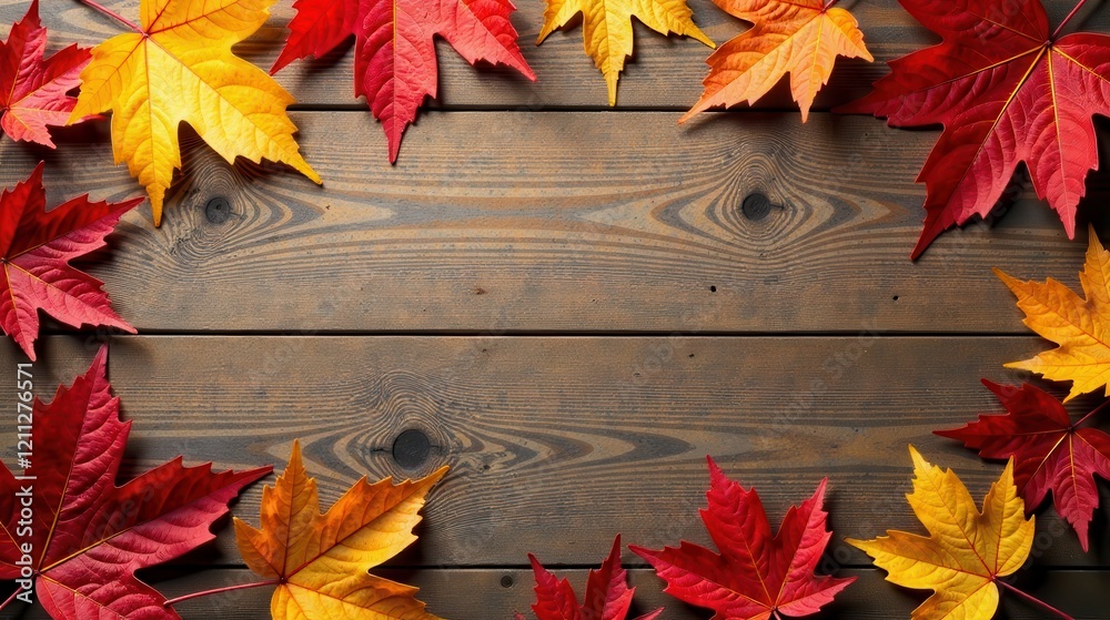 Obraz premium Autumnal Leaves Arranged on Rustic Wooden Surface, a Frame for Seasonal Designs and Fall Decorations