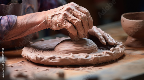 hands covered in clay, expertly molding a clay piece on a spinning wheel