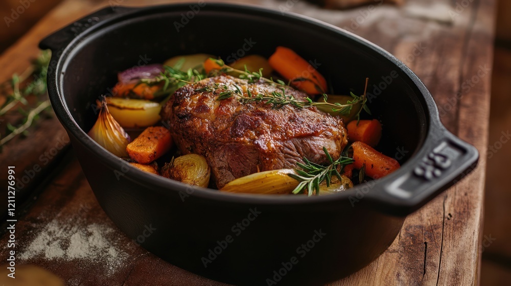 Meat and vegetable stew slow cooked in a cast iron Dutch oven, served as a main course for lunch or dinner menu, with bread and onion, rustic homemade nostalgic aesthetic, AI generated Meat and vegetable stew slow cooked in a cast iron Dutch oven, served as a main course for lunch or dinner menu, with bread and onion, rustic homemade nostalgic aesthetic, AI generated