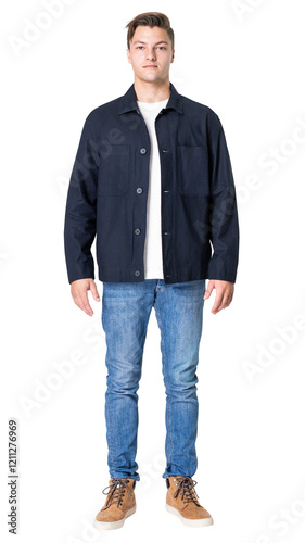 Man png mockup in navy jacket and jeans casual fashion full body photo